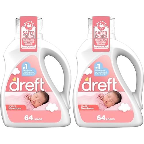 Dreft Stage 1: Newborn Hypoallergenic Liquid Baby Laundry Detergent (HE), Natural for Baby, Newborn, or Infant, 100 Ounces (64 loads) (Pack of 2)