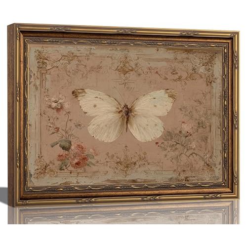 sezhylee Vintage Pink Butterfly Framed Wall Art White Moth Wall Decor | Vintage Gold Framed Wall Art Country Farmhouse Insect Painting Picture for Living Room Bedroom Office Home Decoration 12x16in