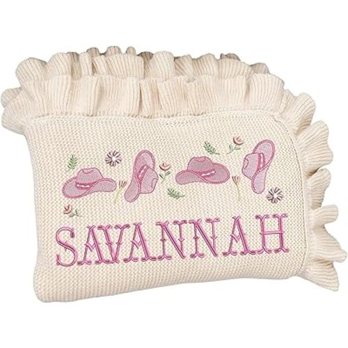 Pink Cowgirl Baby Blanket, Personalized Western Blanket for Girl, Custom Baby Name Throw, Embroidered Cowboy Hat Design, Soft Knit Infant Bedding, Country Style Nursery Decor