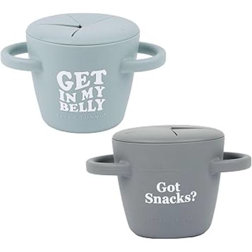 Bella Tunno Snack Cups for Toddlers, Set of 2 Silicone Spill Proof Food Containers with Lids, Babies & Kids 6-12 Months, Got Snacks & Get in my Belly