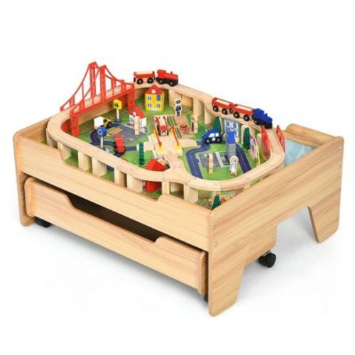 Costway Wooden Kids Train Track Railway Set Table w/100 Pieces Storage Drawer