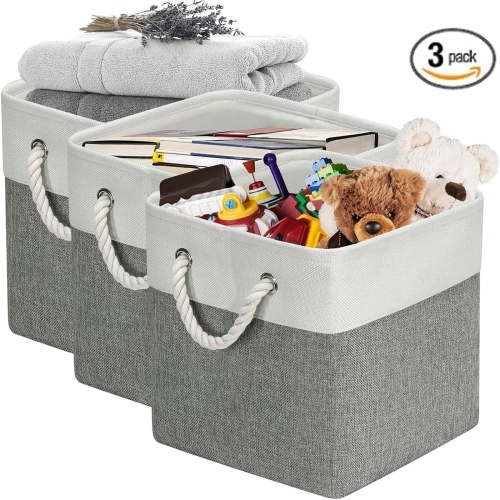 Cube Storage Bins 11x11 Inch, Storage Cube Baskets Fabric Sturdy Basket for Shelves, Storage Boxes with Leather Handle for Shelf Nursery Home Closet Office, 3 Pack