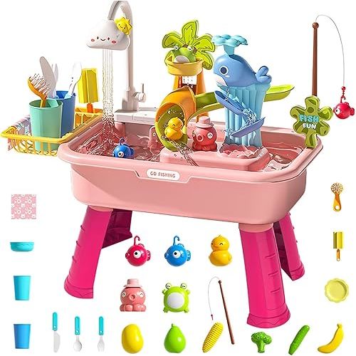 Water Table for Toddlers,4-in-1 Kids Water Play Table, Play Sink with Detachable Legs,Kids Kitchen Playset Sink Toy for Girl and Boy (Pink)