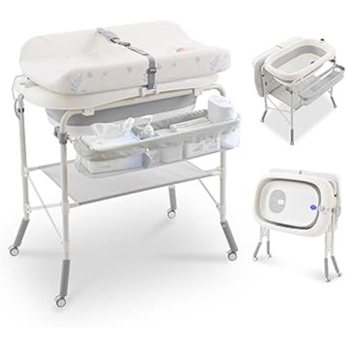 2-in-1 Baby Bathtub with Changing Table, Foldable Diaper Changing Station with 4 Wheels, Waterproof Pad, Storage Rack and Baby Bath Tub, Adjustable Height Portable Nursery Organizer for Newborn Infant