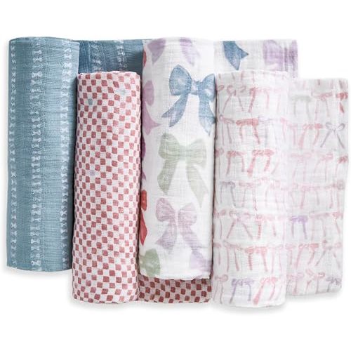 aden + anais 100% Organic Cotton Muslin Swaddles, Breathable Baby Blanket, Ideal for Boys, Girls, Newborns, Babies & Infants, Receiving Blanket, Soft and Lightweight Wrap, 4 Pack, Bow Atelier