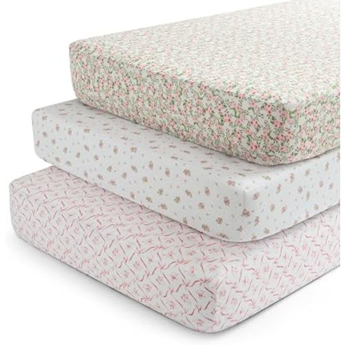 Delta Children Fitted Crib Sheets for Girls and Boys - Crib Sheet for Standard Crib and Toddler Mattresses - 28x52 Inch (Pack of 3), Pink Floral