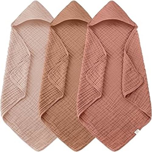 3-Pack Muslin Hooded Baby Towels, 100% Cotton, Ultra-Soft & Absorbent Baby Bath Towels with Hood for Babies, Infant, Toddler and Newbron (Bean Paste Series,32" x 32")