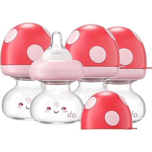 YOHKOH Newborn Glass Baby Bottles with Slow Flow Nipple for 0+ Months, Wide Neck Feeding Bottle, 2.7oz/80ml (Red, 2.7oz (Pack of 4))