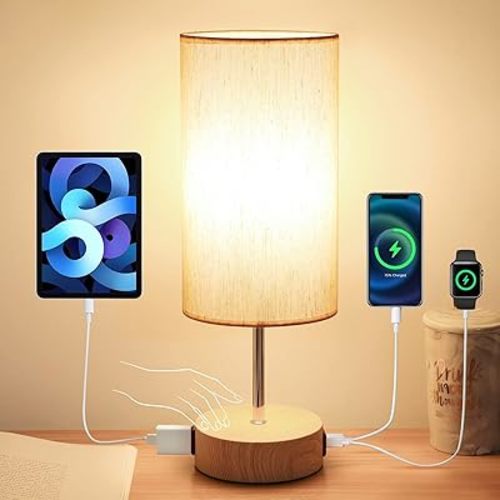 Yarra-Decor Bedside Lamp with USB A+C Charging Ports & AC Outlet Touch Control Table Lamp for Bedroom 3 Way Dimmable Nightstand Lamp with Fabric Shade for Home Office, Dorm(Bulb Included)