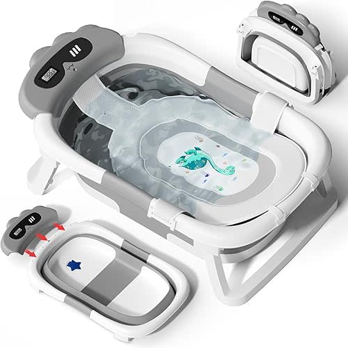 AVIDOR Baby Bathtub,Collapsible Bathtub for Newborn to Toddler,Durable Essential Infant Bath Tub,Portable Travel Baby Tub with Soft Bath Net,No-Slip Feet and Dinosaur Shaped (Grey)
