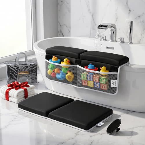 Comfortable Baby Bath Kneeler and Elbow Rest Pad Set — Kneeling Pad for Bathing Baby, Relieves Knee and Elbow Pain, Non-Slip Bathtub Kneeling Pad with Toy Organizer, Bonus Brush and Washcloth