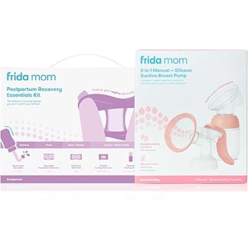 Frida Mom Postpartum Recovery Essentials Kit and 2-in-1 Manual Breast Pump Bundle, 11pc Gift Set + Hands-Free Silicone Suction Cup Milk Collector and SoftFeel Flange for Breastfeeding