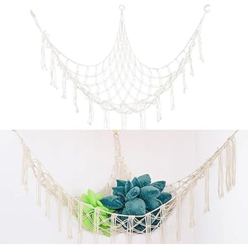 Hanging Toy Storage Net, Cotton Rope Hammock with Wooden Rings, Wall-Mounted Organizer for Stuffed Animals, Triangle Design (White)