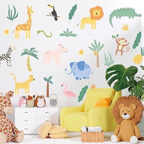 Animals Wall Decals - 4 Sheeets 26 Pcs Cute Jungle Theme Wall Decor Peel and Stick Elephant Giraffe Lion Safari Wall Stickers for Kids Nursery Playroom Bedroom Living Room Décor