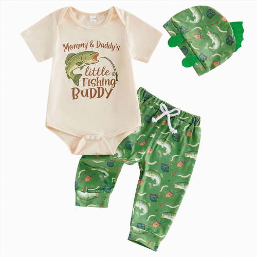 UngA Preemie Newborn Boy Summer Clothes Gift Short Sleeve Button Romper Baby Boys Bodysuit Long Pants Outfit Set with Hat Little Boys Clothes Beige,3-6 Months