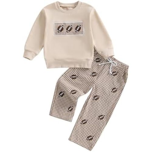 Honganda 2Pcs Kids Toddler Boy Football Outfit Football Embroidery Sweatshirt Top Plaid Pants Fall Game Day Clothes Set