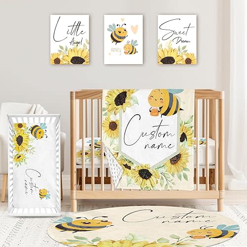 Custom Baby Crib Bedding Set,Personalized Name Yellow Bee Pattern Nursery Bed Set 4 Piece,Baby Blanket Fitted Sheet Nursery Rug Wall Art Set,Custom Room Decor Idea Gift for Newborns Boys Girls