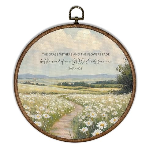 XBBMGG Christian Wall Art Decor, Farmhouse Cottagecore Wildflower Daisy Bible Verse Round Wall Hanging Decor, Scripture Isaiah 40:8 Framed Canvas Prints for Home Bedroom Living Room Decorations,10x10