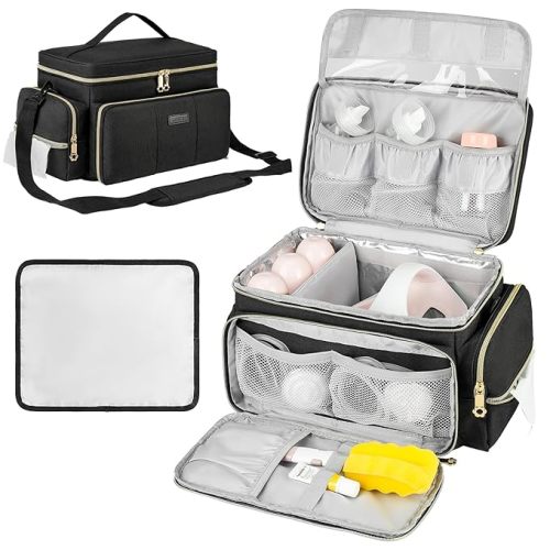 Breast Pump Bag Compatible with Spectra S1 and S2 with Insulated Compartment,Breast Pump Storage Bag with Water Resistant Mat for Pumping Essentials,Black,Bag Only
