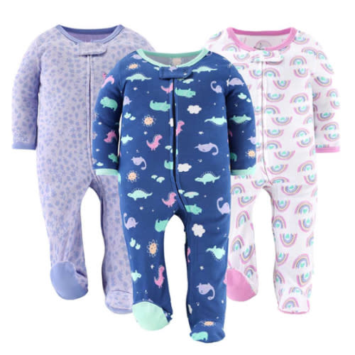 Rainbow Dinosaur Baby Sleepers for Girls Set of 3