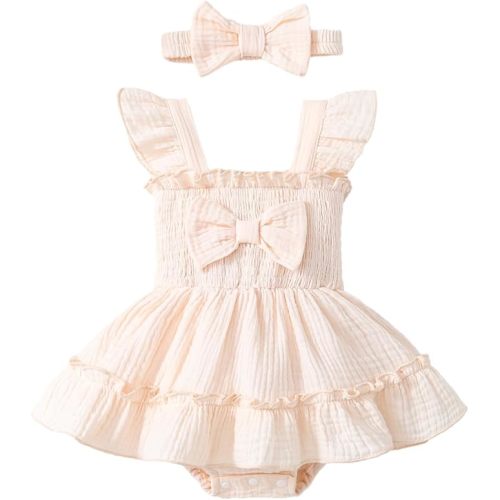 Newborn Baby Girl Summer Clothes Sleeveless Smocked Romper Dress Ruffles Jumpsuit Bodysuit with Bow Headband