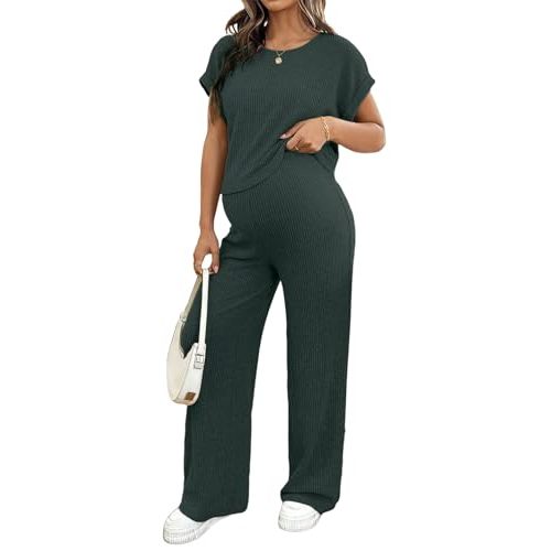 BLENCOT Maternity Sets Summer Ribbed Knit Pajamas Outfits | Casual Pregnancy 2 Piece Soft Stretch Fabric Matching Clothes for Moms Postpartum Recovery and Going Out Work