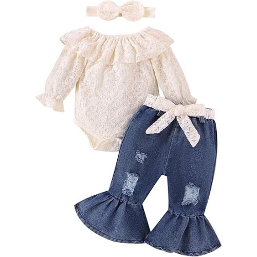 FOCUTEBB Baby Girl Clothes Lace Off Shoulder Romper Flare Jeans Pants Headband and Belt 4pcs Outfit 3-24 Months