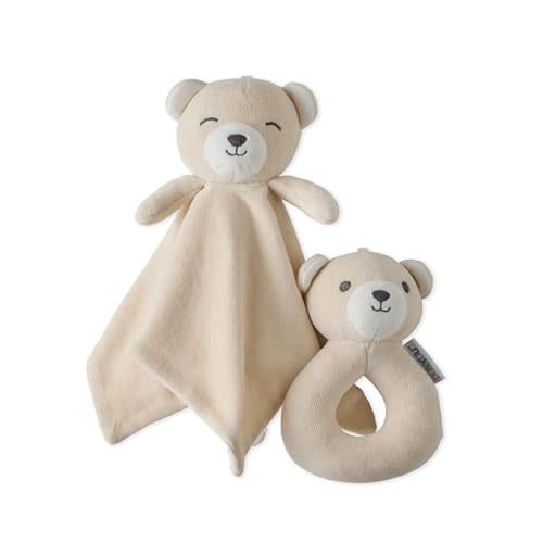 Butterblu Snuggle + Shake Baby Lovey Blanket & Rattle 100% Organic Cotton | GOTS Certified Organic Cotton for Baby Girls, Boys, Unisex, Bear, Dino, Elephant Stuffy for Newborns, Toddlers, One Size