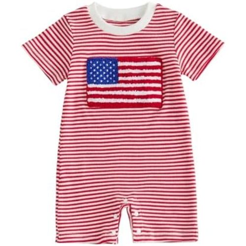 Newborn Baby Boy 4th of July Clothes Flag Embroidery Jumpsuit Waffle Short Sleeve Romper Onesie 3 6 12 18 Months