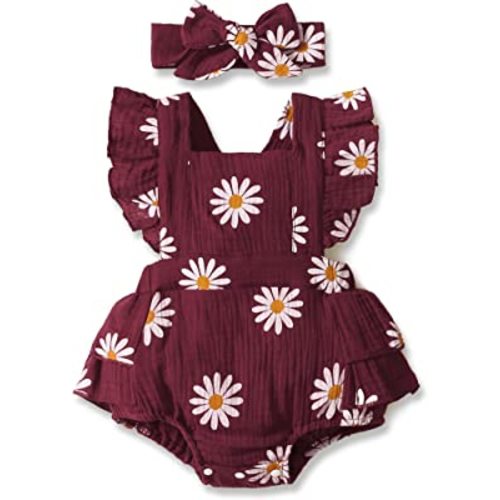 PATPAT Newborn Baby Girl Clothes Daisy Print Crepe Fabric Baby Romper Set Infant Girl Outfits 2PC Set 100% Cotton