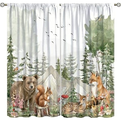 Rustic Nursery Woodland Animals Curtains,Cartoon Cute Wildlife Country Safari Bear Deer Plant Windows Treatments Rod Pocket Drapes for Baby Kids Living Room Bedroom 42x45in（No Blackout）