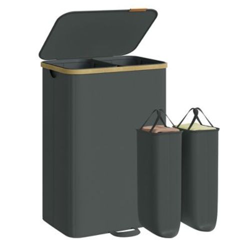 SONGMICS Laundry Hamper, Laundry Sorter with Lid, Storage Basket Bin, Removable Liners, Bamboo Frame, 2 Sections, 39.6 Gal. (150 L), Slate Gray