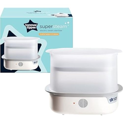 Tommee Tippee Supersteam Electric Steam Steriliser for Baby Bottles, Kills Viruses and 99.9% of Bacteria, 5-Minute Sterilisation Cycle, White