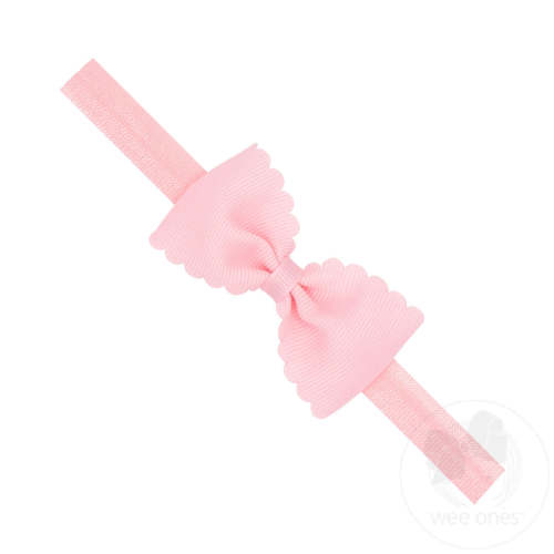 Small Scalloped Edge Grosgrain Bowtie on Matching Elastic Band - LT PINK / NEWBORN (0-6 MONTHS) | Wee Ones Hair Bows & Accessories