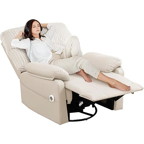 GRAINELL Swivel Rocker Recliner Chair with Massage and Heat, USB Charging Port, Infinite Position Power Recliner, Electric Glider Rocking Chairs for Living Room, Nursery (Lvory)