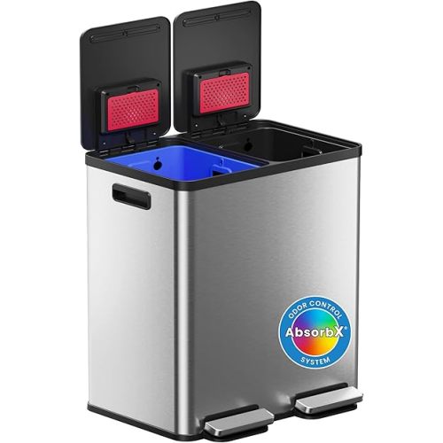 iTouchless 60 Liter / 16 Gallon Dual Compartment Kitchen Trash Can & Recycling Bin, Soft-Close, Odor Filter, Hands-Free Step Pedals, Color-Coded Removable Buckets, Smudge-Resistant Stainless Steel