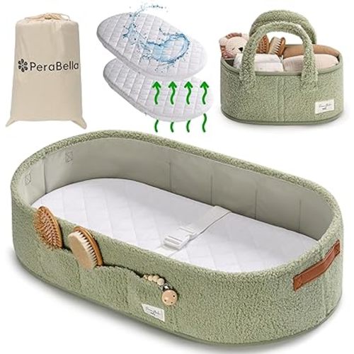 PeraBella Baby Changing Basket for Dresser Top, Baby Moses Basket for Newborn, Portable Diaper Changing Pad Table Topper for Dresser, Includes Diaper Caddy Organizer with Handle, Moses Bassinet Mat