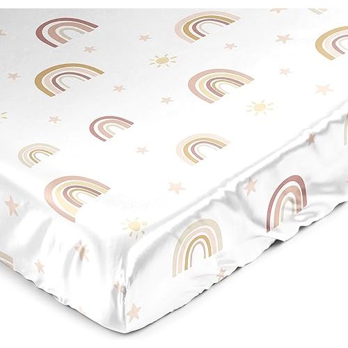 Sweet Jojo Designs Boho Rainbow Girl Baby Satin Fitted Crib Sheet Infant Newborn Nursery Toddler Bed Room Standard Mattress Blush Pink Yellow Bohemian Modern Neutral Vintage Rose Gold Beige Stars Sun