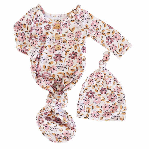 Mauvelous Meadow Newborn Baby Knot Gown & Hat Set