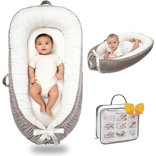 Baby Lounger-Breathable and Soft Organic 100% Cotton, Portable Infant Lounger with Removable Lounger Cover, Floor Lounger for Newborn - Grey White