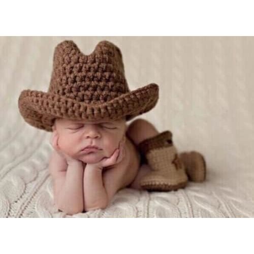 Newborn Photography Props Outfits Crochet Knit Cowboy Hat Shoe Set Baby Boy
