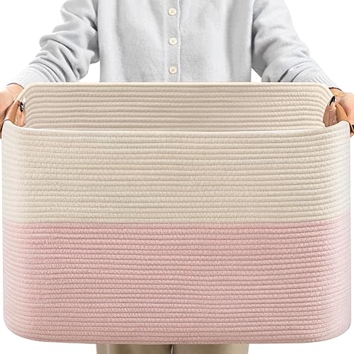 danpinera Large Woven Basket 25’’*16’’*16’’ Rectangle Woven Baskets for Storage, Storage for Living Room, Soft Cotton Rope Basket With Handle, Large Basket for Kids Dog Toys, 108L Pink+White