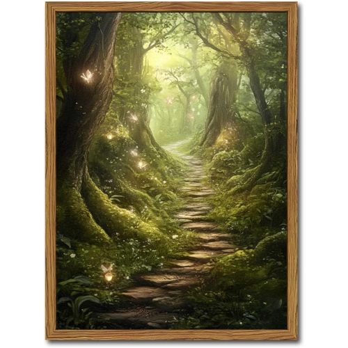 Whimsical Forest Fairy Wall Art Vintage Cottagecore Tree Fairy Wall Decor Painting Magical Landscape 3D Texture Hand Drawn Sandstone Artwork for Bedroom Living Room 24x36 inch Wood Framed