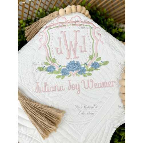 Blue Hydrangeas Pink Bow Baby Heirloom Quilt Birth Announcement Embroidered Grandmillenial Nursery Decor Personalized Baby Girl Shower Gift