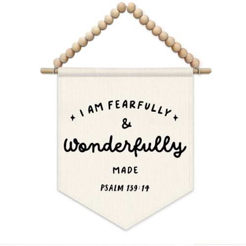 SJDFCSA Christian Nursery Wall Art Decor, Kids Room Decor, I Am Fearfully and Wonderfully Made Bible Verse Boho Wall Hanging Display Pennant Flag for Kids Boy Girl Nursery Room Bedroom Playroom
