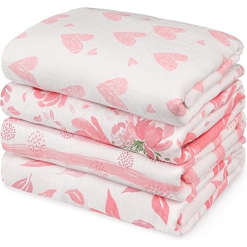 GLLQUEN BABY Muslin Swaddle Blankets 4-Pack Breathable Receiving Blankets (35" x 40") Soft Baby Blankets for Girls and Boys Newborn Essentials Muslin Burp Cloths Swaddle Wrap Baby Gift (Flower)