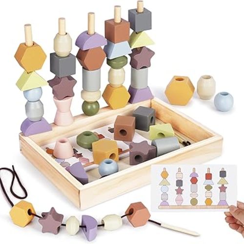 Montessori Toys for 3 Year Old - Wooden Lacing Beads & Stacking Blocks Toys for 3 4 5 Year Old Girl Boy Easter Birthday Gifts, Preschool Learning Activities With Beads Sequencing Set for Kids Age 3+