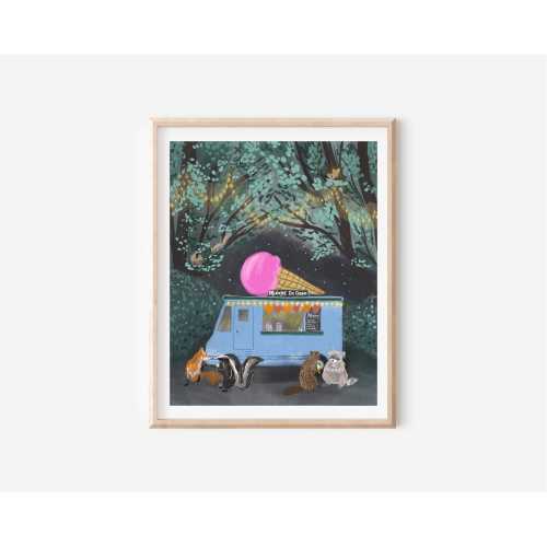 Midnight Ice Cream Magical Forest Animals Illustration, 11x14 Kids Art Print, Wall Art for Kids Room or Nursery