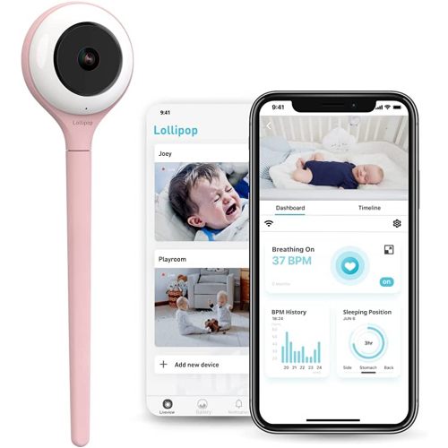 Lollipop Baby Monitor with True Crying Detection (Cotton Candy) - Smart WiFi Baby Camera - Camera with Video, Audio and Sleep Tracking Bundled with Portable Pacifier Holder