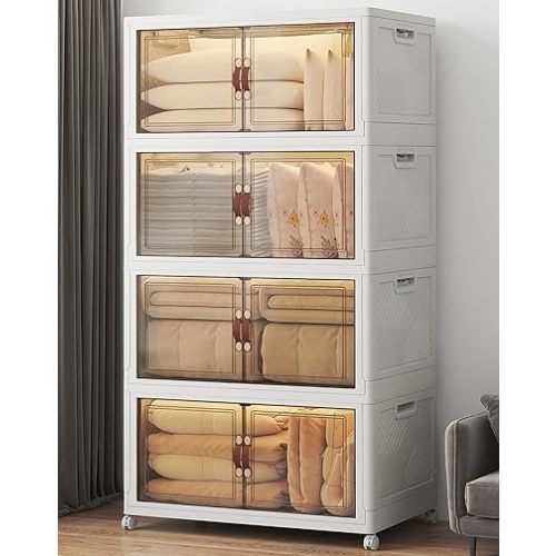 Extra Large Stackable Storage Bins with Lids & Wheels & Door, 660QT-165QT/41GAL*4Pack Foldable Collapsible Closet Organizers, Plastic Containers Drawers for Bedroom Dorm Garage